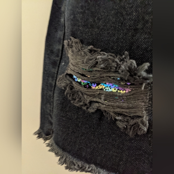 GLAMOROUS Jeans Dolls Kill Distressed Denim Mini Skirt Peekaboo Purple Sequins - Picture 2 of 8